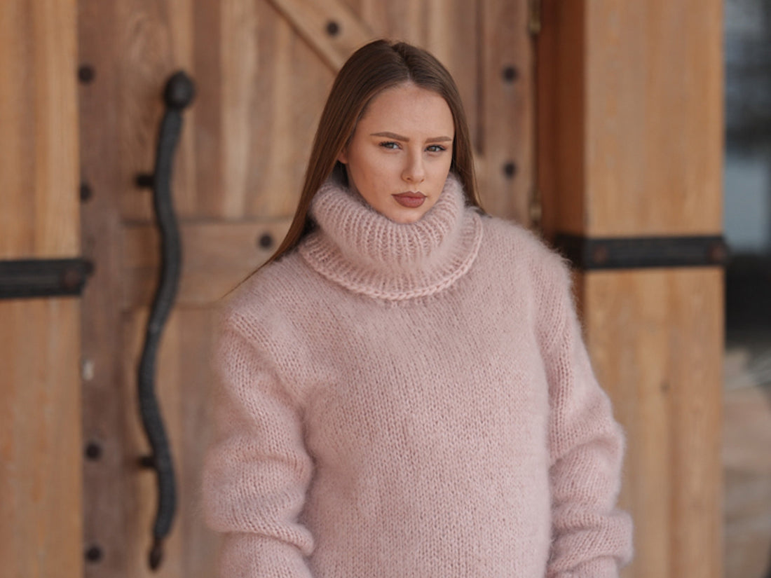 Kid Mohair Turtleneck Sweater, 10 Strand Knit, Fluffy Texture, Hand Knitted Soft Fit T2216