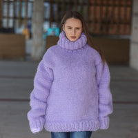 Purple Alpaca Sweater, 20 Strand Knit, Hand Knitted Fluffy Texture, Chunky Turtleneck Fit T2219