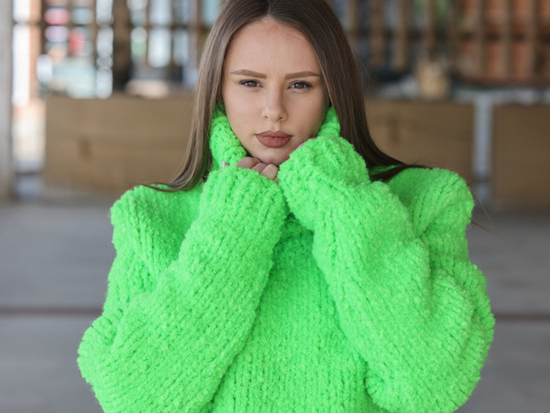One available in size 4XL, Neon Green Chunky Sweater, Boucle Alpaca Wool Blend T2213