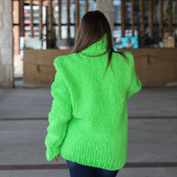 Neon Green Chunky Sweater, Boucle Texture, Alpaca Wool Blend, Hand Knitted Crewneck T2213