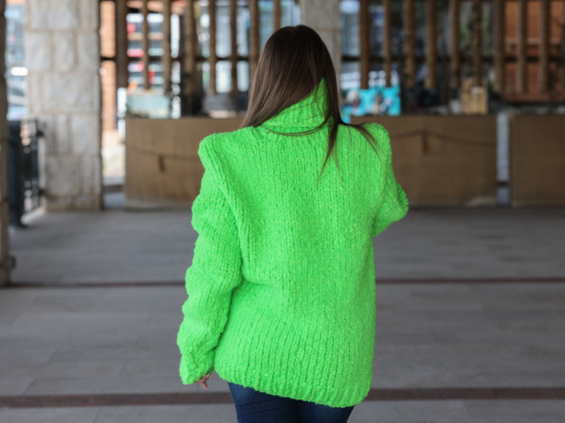 One available in size 4XL, Neon Green Chunky Sweater, Boucle Alpaca Wool Blend T2213