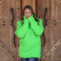 Neon Green Chunky Sweater, Boucle Texture, Alpaca Wool Blend, Hand Knitted Crewneck T2213