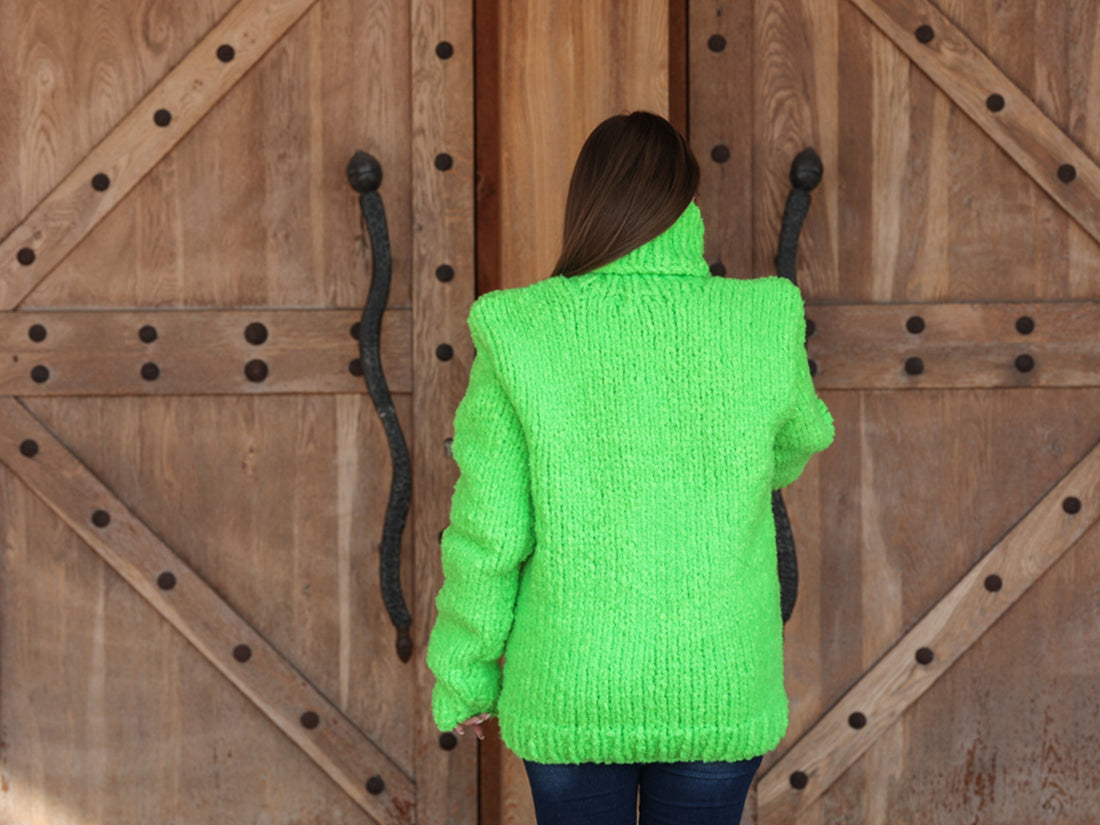 Neon Green Chunky Sweater, Boucle Texture, Alpaca Wool Blend, Hand Knitted Crewneck T2213