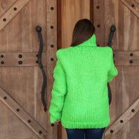 Neon Green Chunky Sweater, Boucle Texture, Alpaca Wool Blend, Hand Knitted Crewneck T2213