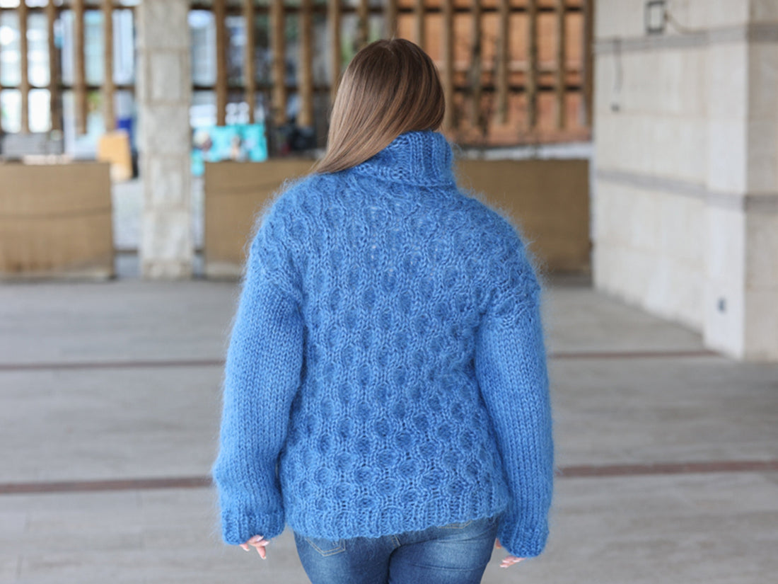 Blue Mohair Sweater, Cable Knit Turtleneck, 3 Strand Hand Knitted Pullover, Soft Fluffy Texture T2223