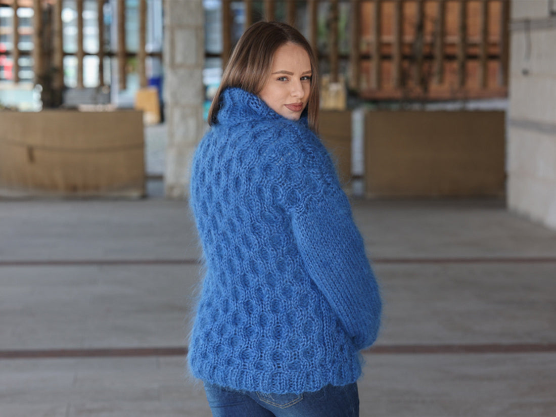 Blue Mohair Sweater, Cable Knit Turtleneck, 3 Strand Hand Knitted Pullover, Soft Fluffy Texture T2223