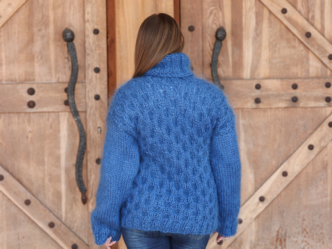 Blue Mohair Sweater, Cable Knit Turtleneck, 3 Strand Hand Knitted Pullover, Soft Fluffy Texture T2223