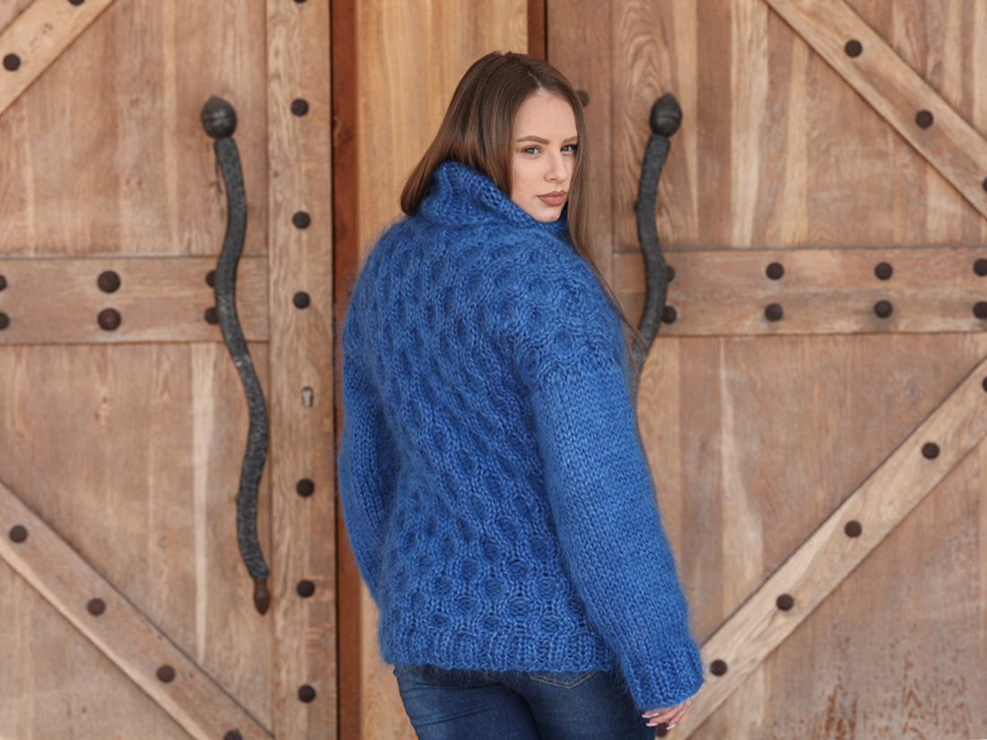 Blue Mohair Sweater, Cable Knit Turtleneck, 3 Strand Hand Knitted Pullover, Soft Fluffy Texture T2223