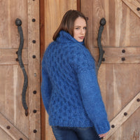Blue Mohair Sweater, Cable Knit Turtleneck, 3 Strand Hand Knitted Pullover, Soft Fluffy Texture T2223
