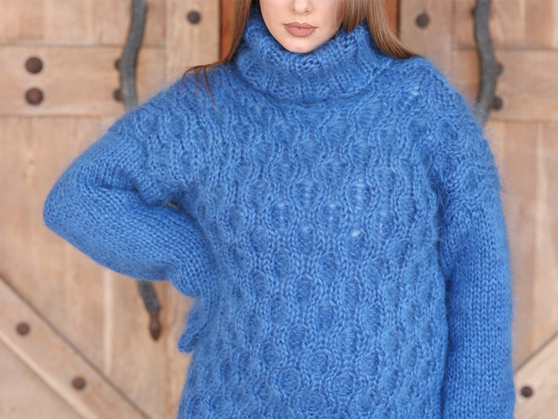 Blue Mohair Sweater, Cable Knit Turtleneck, 3 Strand Hand Knitted Pullover, Soft Fluffy Texture T2223