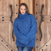 Blue Mohair Sweater, Cable Knit Turtleneck, 3 Strand Hand Knitted Pullover, Soft Fluffy Texture T2223