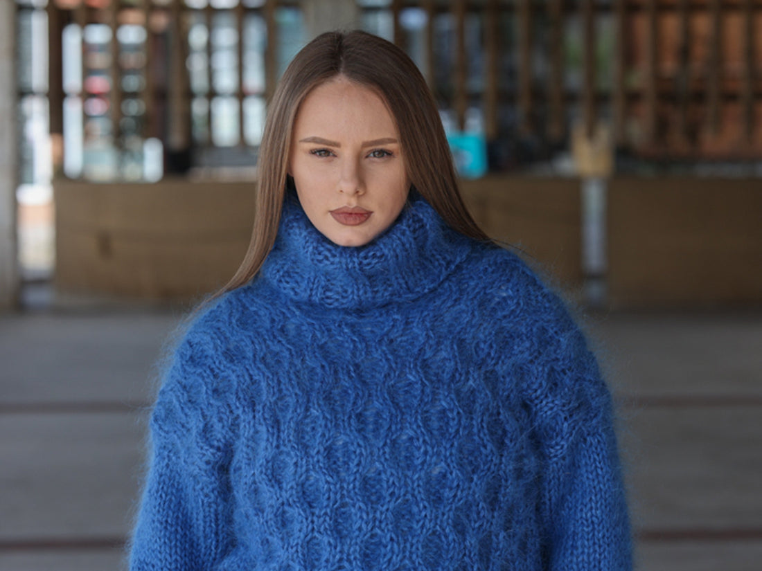 Blue Mohair Sweater, Cable Knit Turtleneck, 3 Strand Hand Knitted Pullover, Soft Fluffy Texture T2223