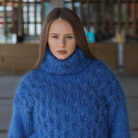 Blue Mohair Sweater, Cable Knit Turtleneck, 3 Strand Hand Knitted Pullover, Soft Fluffy Texture T2223