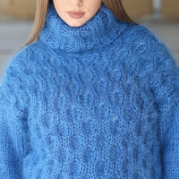 Blue Mohair Sweater, Cable Knit Turtleneck, 3 Strand Hand Knitted Pullover, Soft Fluffy Texture T2223