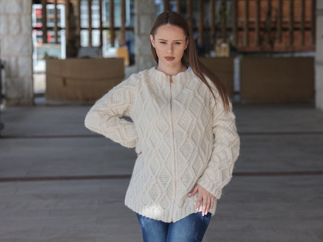 Baby Alpaca Cardigan, Hand Knit Cable Sweater, Cream Zip Front, Soft Lightweight Fit T2210
