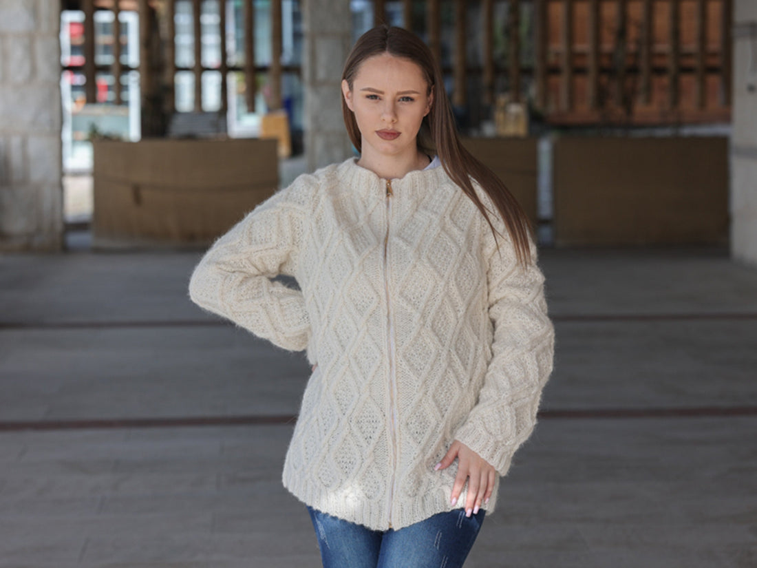 One available in size 2XL , Baby Alpaca Cardigan, Hand Knit Cable Zip Sweater T2210