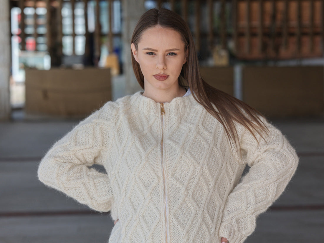 One available in size 2XL , Baby Alpaca Cardigan, Hand Knit Cable Zip Sweater T2210