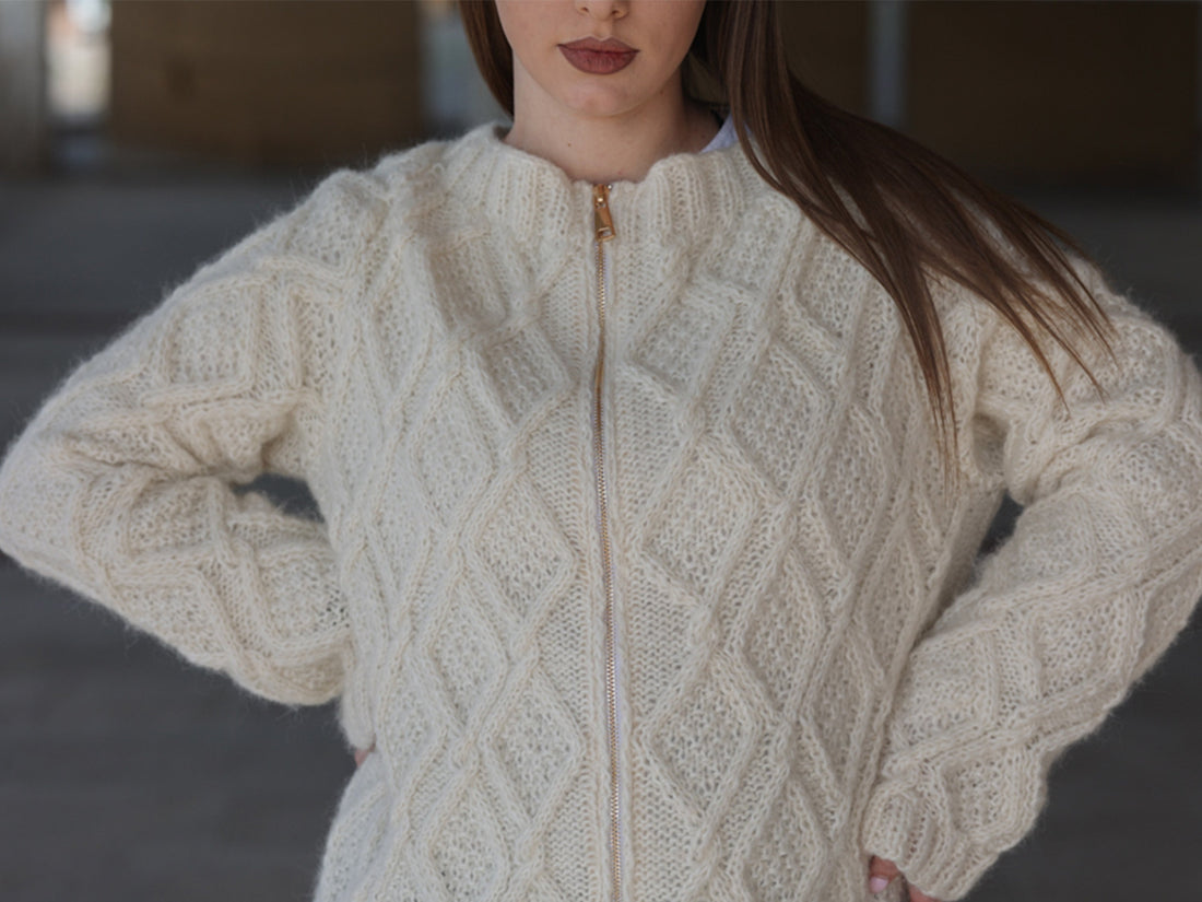 One available in size 2XL , Baby Alpaca Cardigan, Hand Knit Cable Zip Sweater T2210