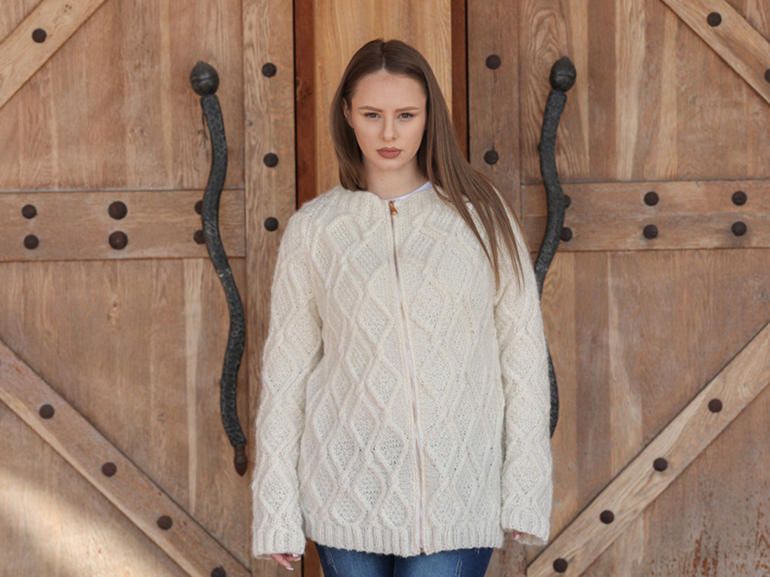 Baby Alpaca Cardigan, Hand Knit Cable Sweater, Cream Zip Front, Soft Lightweight Fit T2210