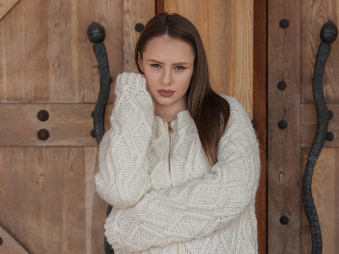 Baby Alpaca Cardigan, Hand Knit Cable Sweater, Cream Zip Front, Soft Lightweight Fit T2210
