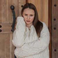 Baby Alpaca Cardigan, Hand Knit Cable Sweater, Cream Zip Front, Soft Lightweight Fit T2210