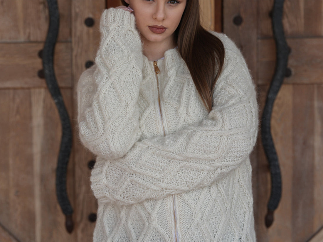 One available in size 2XL , Baby Alpaca Cardigan, Hand Knit Cable Zip Sweater T2210
