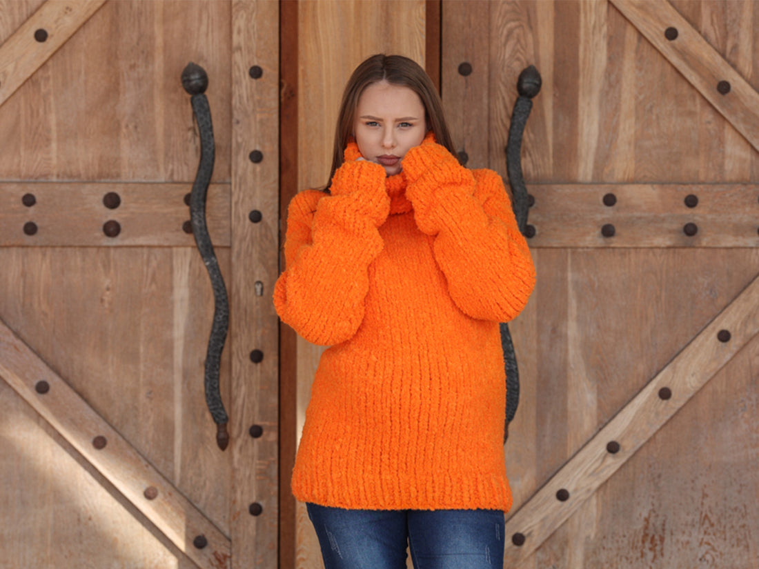 Neon Orange Turtleneck Sweater, Chunky Boucle Knit, Alpaca Wool Blend, Hand Knitted T2214