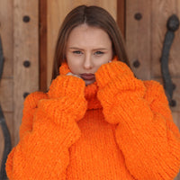 Neon Orange Turtleneck Sweater, Chunky Boucle Knit, Alpaca Wool Blend, Hand Knitted T2214