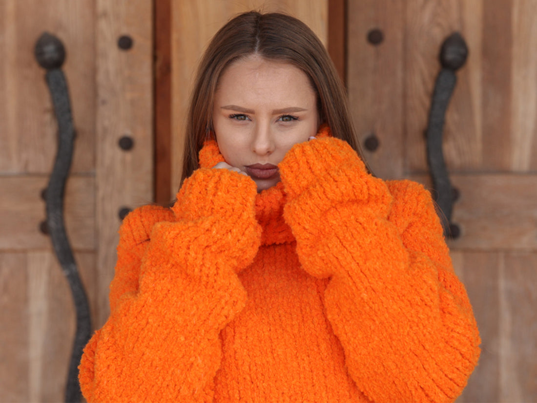 One available in size 2XL, Neon Orange Turtleneck Sweater ,Boucle Alpaca Wool  T2214