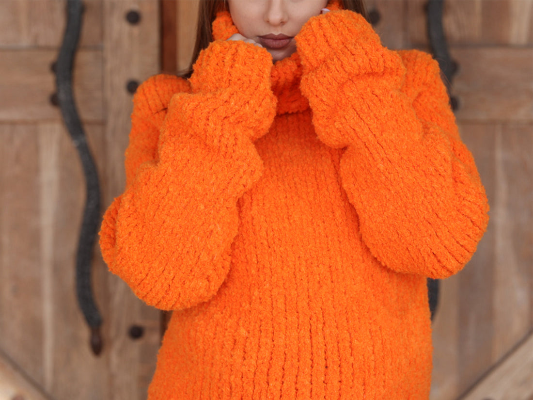 Neon Orange Turtleneck Sweater, Chunky Boucle Knit, Alpaca Wool Blend, Hand Knitted T2214