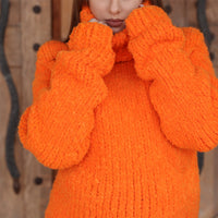 Neon Orange Turtleneck Sweater, Chunky Boucle Knit, Alpaca Wool Blend, Hand Knitted T2214