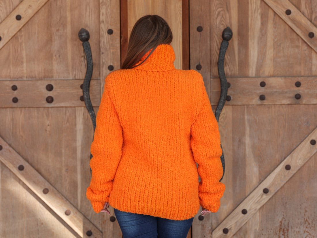 Neon Orange Turtleneck Sweater, Chunky Boucle Knit, Alpaca Wool Blend, Hand Knitted T2214