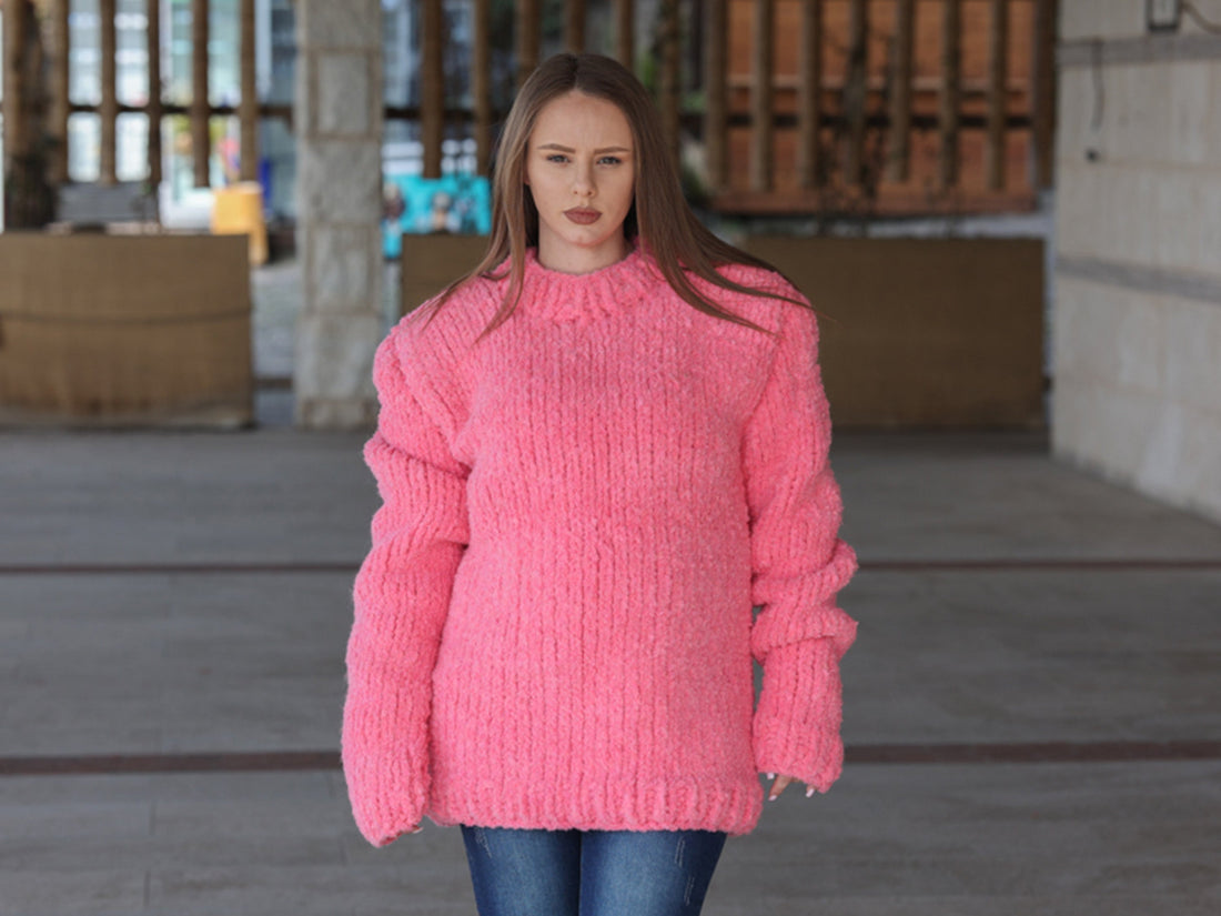 Alpaca Wool Sweater, Hand Knit Boucle Knit, Neon Pink Crewneck, Chunky Relaxed Fit T2212