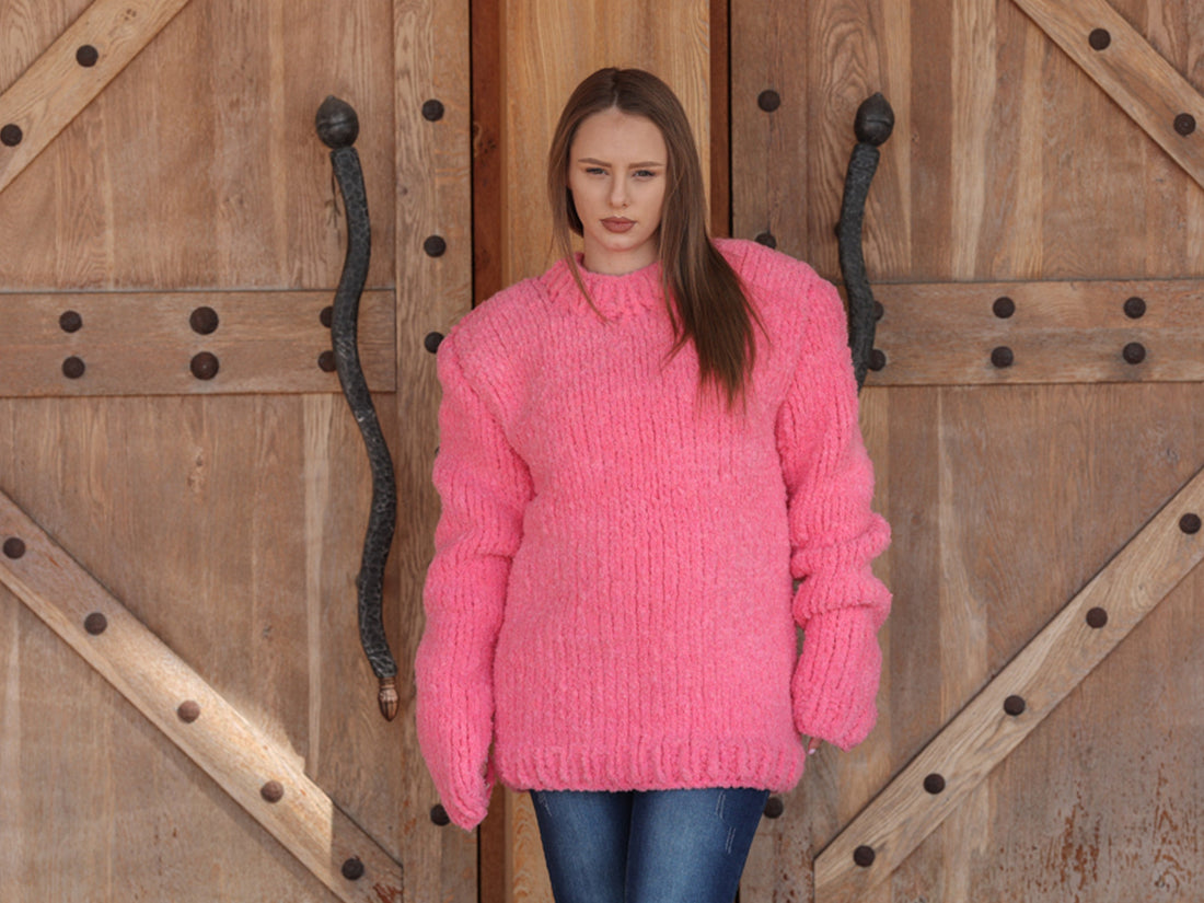 Alpaca Wool Sweater, Hand Knit Boucle Knit, Neon Pink Crewneck, Chunky Relaxed Fit T2212