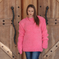 Alpaca Wool Sweater, Hand Knit Boucle Knit, Neon Pink Crewneck, Chunky Relaxed Fit T2212