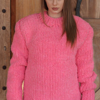 Alpaca Wool Sweater, Hand Knit Boucle Knit, Neon Pink Crewneck, Chunky Relaxed Fit T2212