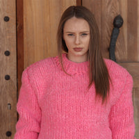 Alpaca Wool Sweater, Hand Knit Boucle Knit, Neon Pink Crewneck, Chunky Relaxed Fit T2212