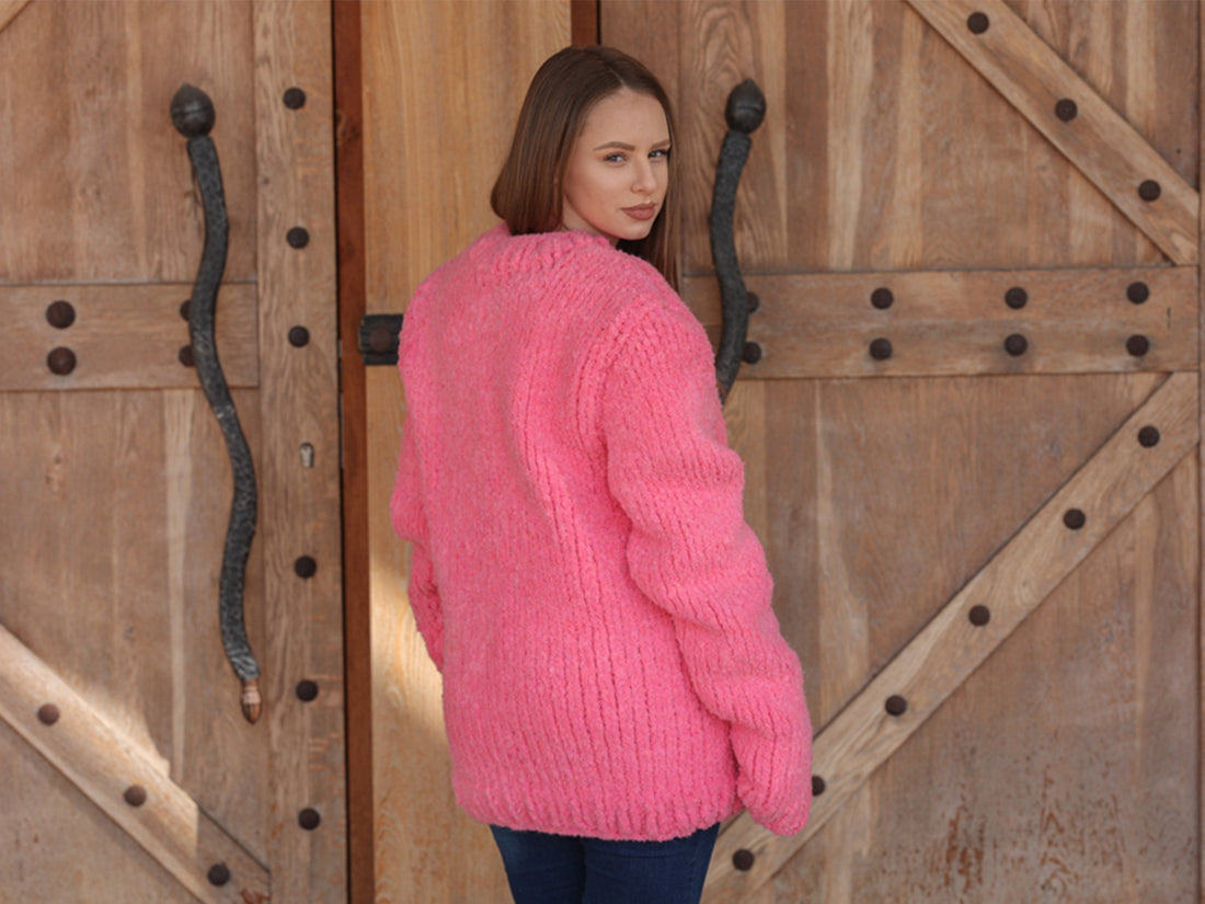 Alpaca Wool Sweater, Hand Knit Boucle Knit, Neon Pink Crewneck, Chunky Relaxed Fit T2212
