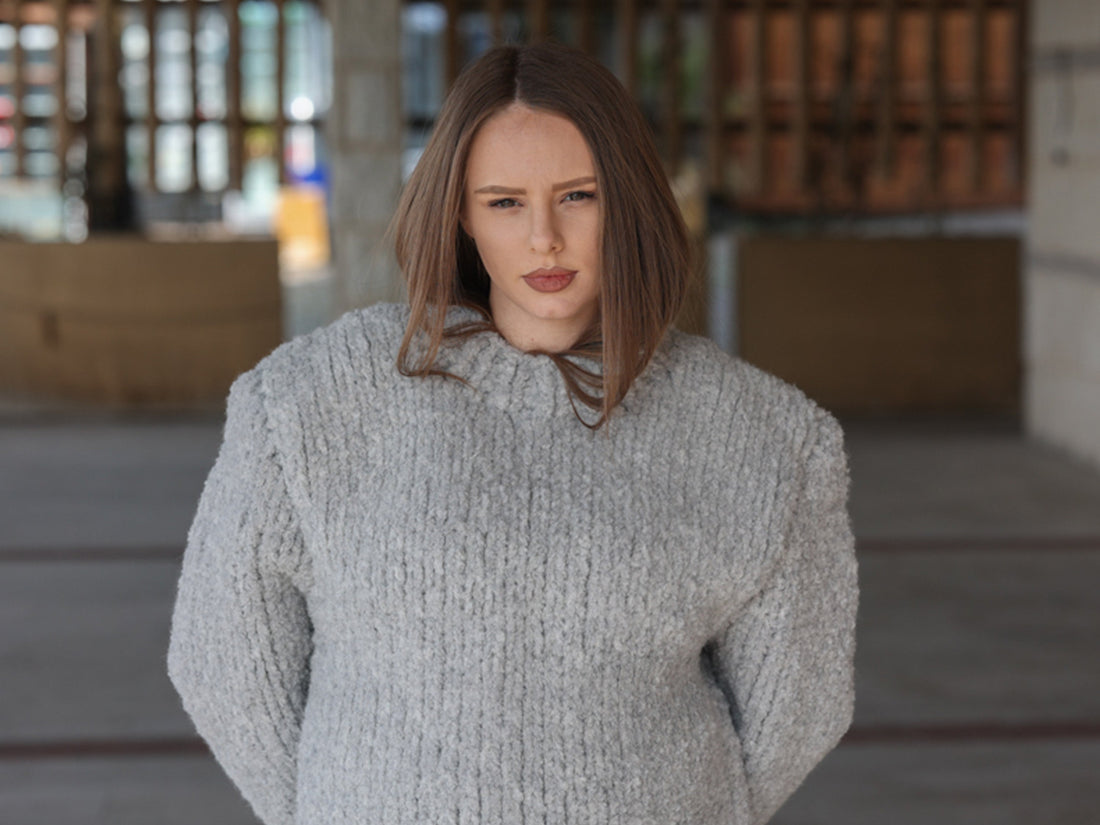 Alpaca Wool Sweater, Hand Knit Boucle Knit, Chunky Crewneck, Grey Relaxed Fit T2211