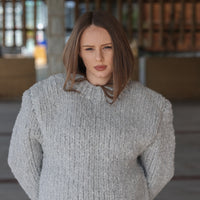 Alpaca Wool Sweater, Hand Knit Boucle Knit, Chunky Crewneck, Grey Relaxed Fit T2211