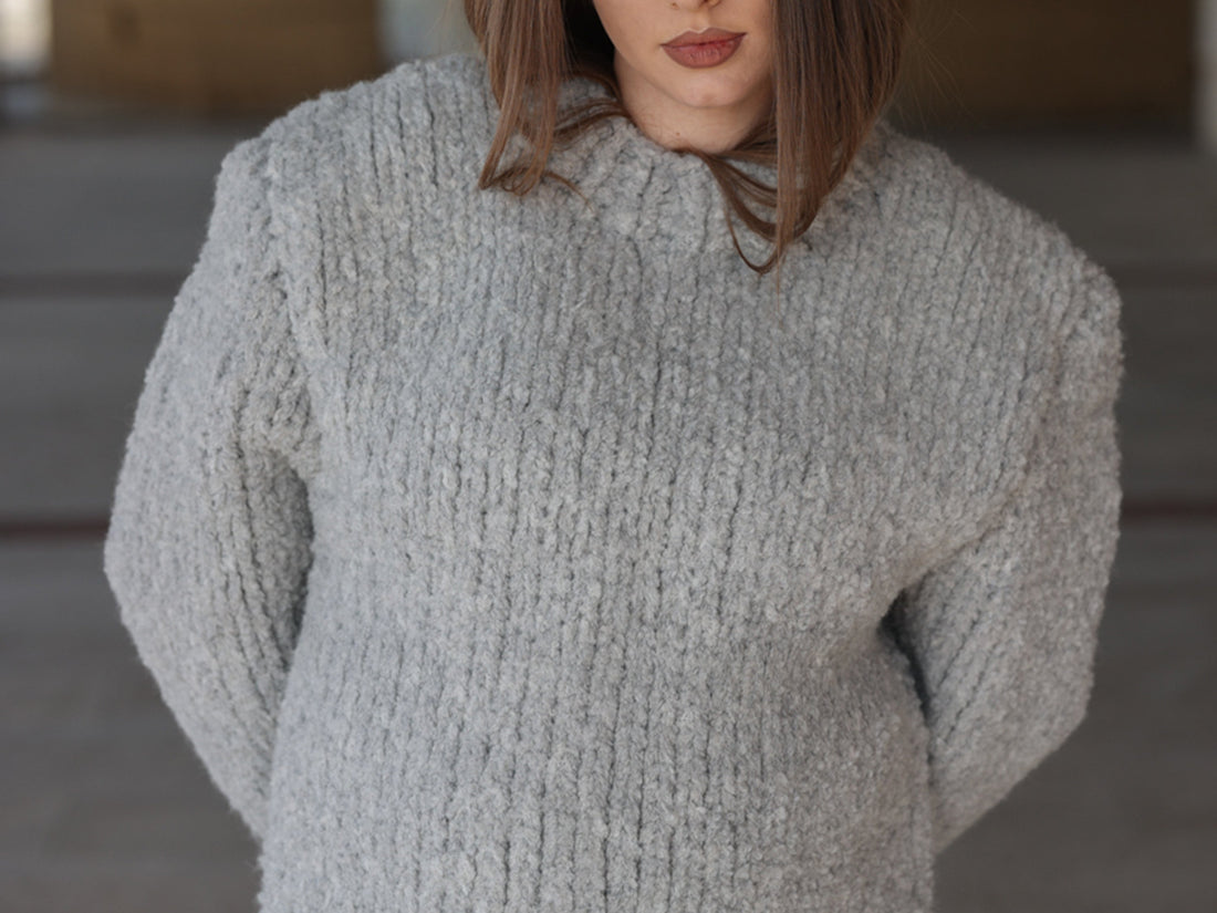 Alpaca Wool Sweater, Hand Knit Boucle Knit, Chunky Crewneck, Grey Relaxed Fit T2211
