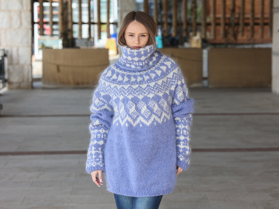 Icelandic Mohair Sweater, Blue Nordic Pattern, Hand Knitted Turtleneck Pullover, Oversized Fair Isle Knit T2224