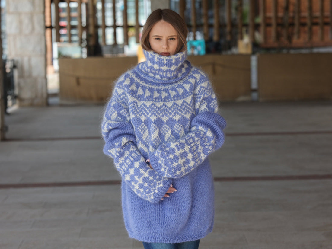 Icelandic Mohair Sweater, Blue Nordic Pattern, Hand Knitted Turtleneck Pullover, Oversized Fair Isle Knit T2224