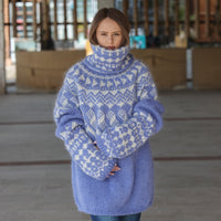 Icelandic Mohair Sweater, Blue Nordic Pattern, Hand Knitted Turtleneck Pullover, Oversized Fair Isle Knit T2224