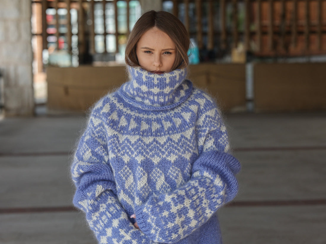 Icelandic Mohair Sweater, Blue Nordic Pattern, Hand Knitted Turtleneck Pullover, Oversized Fair Isle Knit T2224
