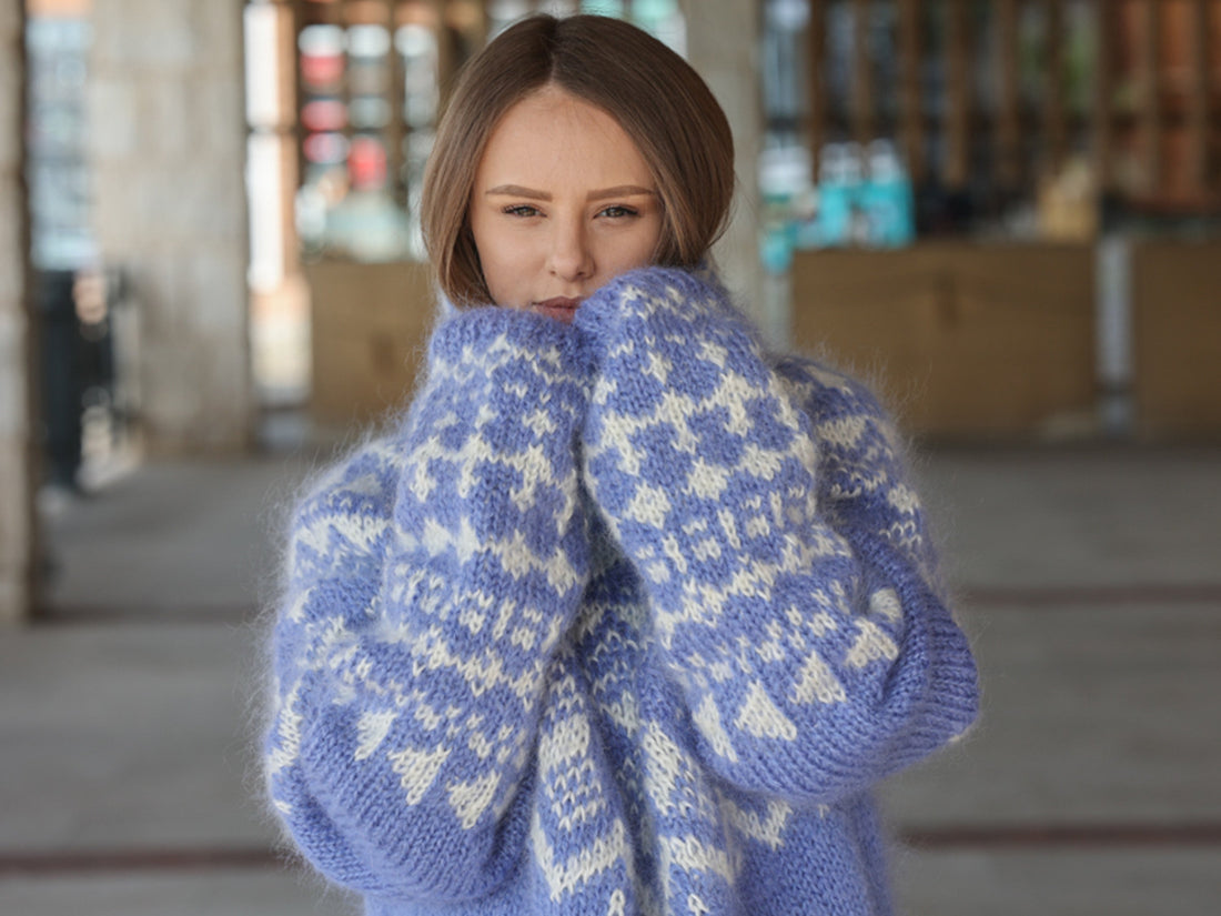 Icelandic Mohair Sweater, Blue Nordic Pattern, Hand Knitted Turtleneck Pullover, Oversized Fair Isle Knit T2224