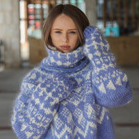Icelandic Mohair Sweater, Blue Nordic Pattern, Hand Knitted Turtleneck Pullover, Oversized Fair Isle Knit T2224