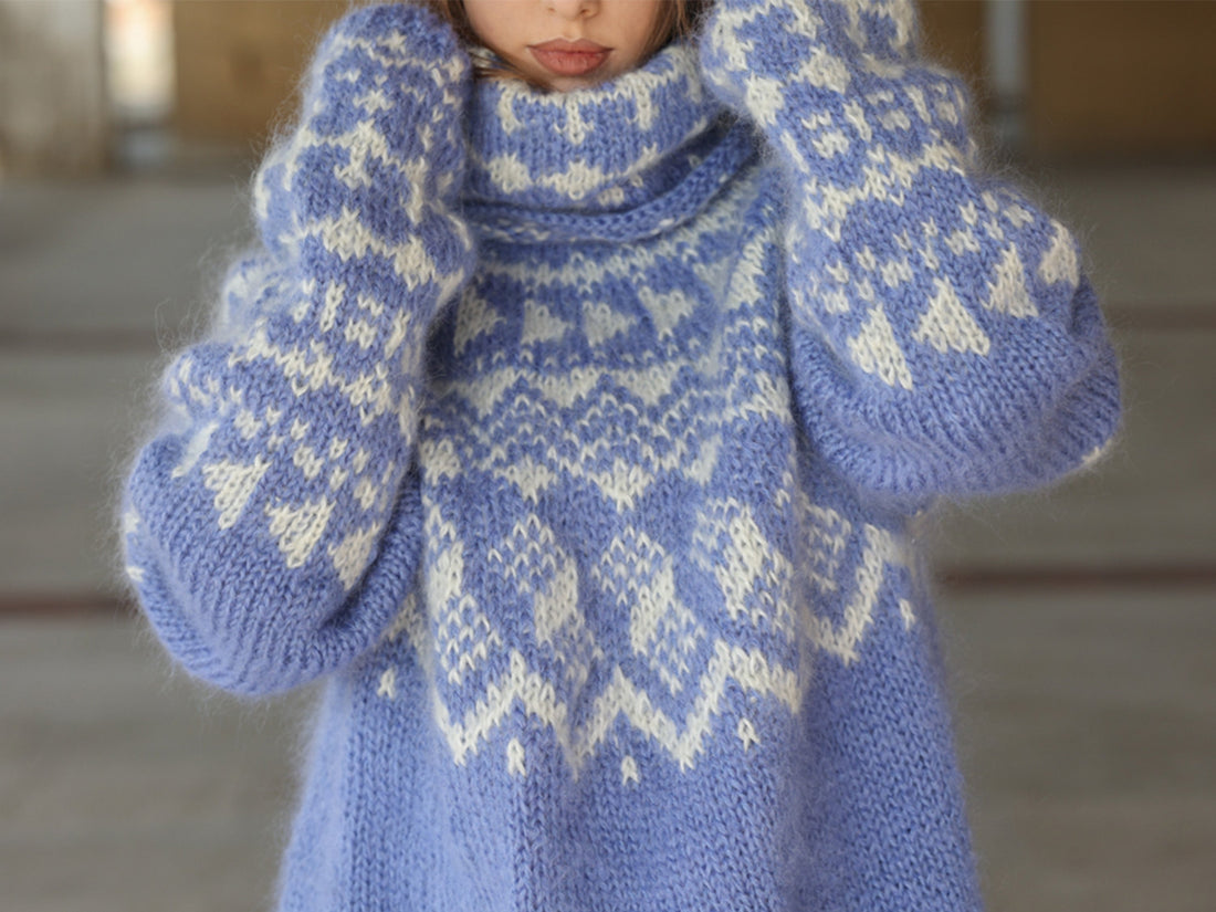 Icelandic Mohair Sweater, Blue Nordic Pattern, Hand Knitted Turtleneck Pullover, Oversized Fair Isle Knit T2224