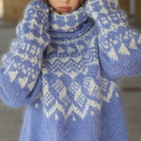 Icelandic Mohair Sweater, Blue Nordic Pattern, Hand Knitted Turtleneck Pullover, Oversized Fair Isle Knit T2224