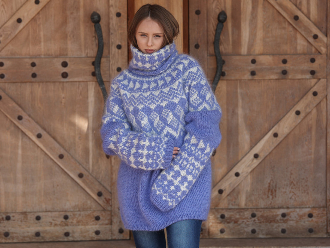 Icelandic Mohair Sweater, Blue Nordic Pattern, Hand Knitted Turtleneck Pullover, Oversized Fair Isle Knit T2224